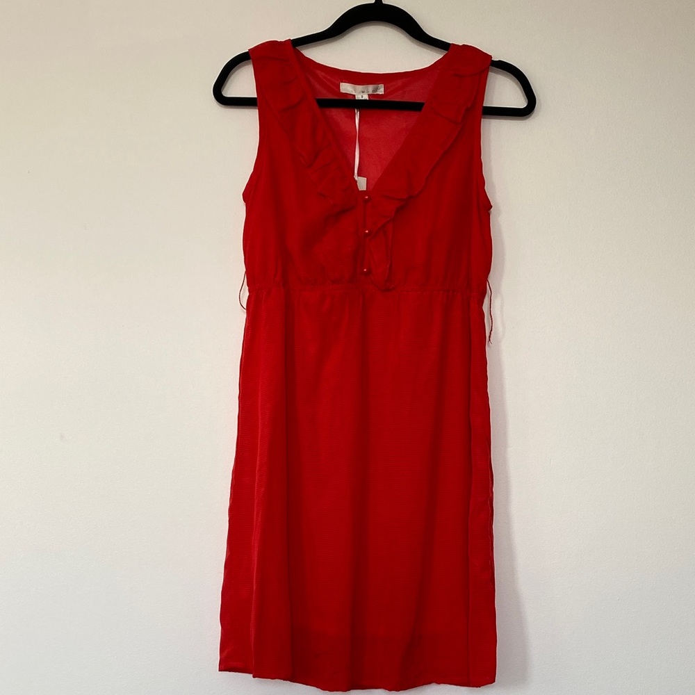 Miss Closet Red Sleeveless Midi Dress with Ruffle V-Neck